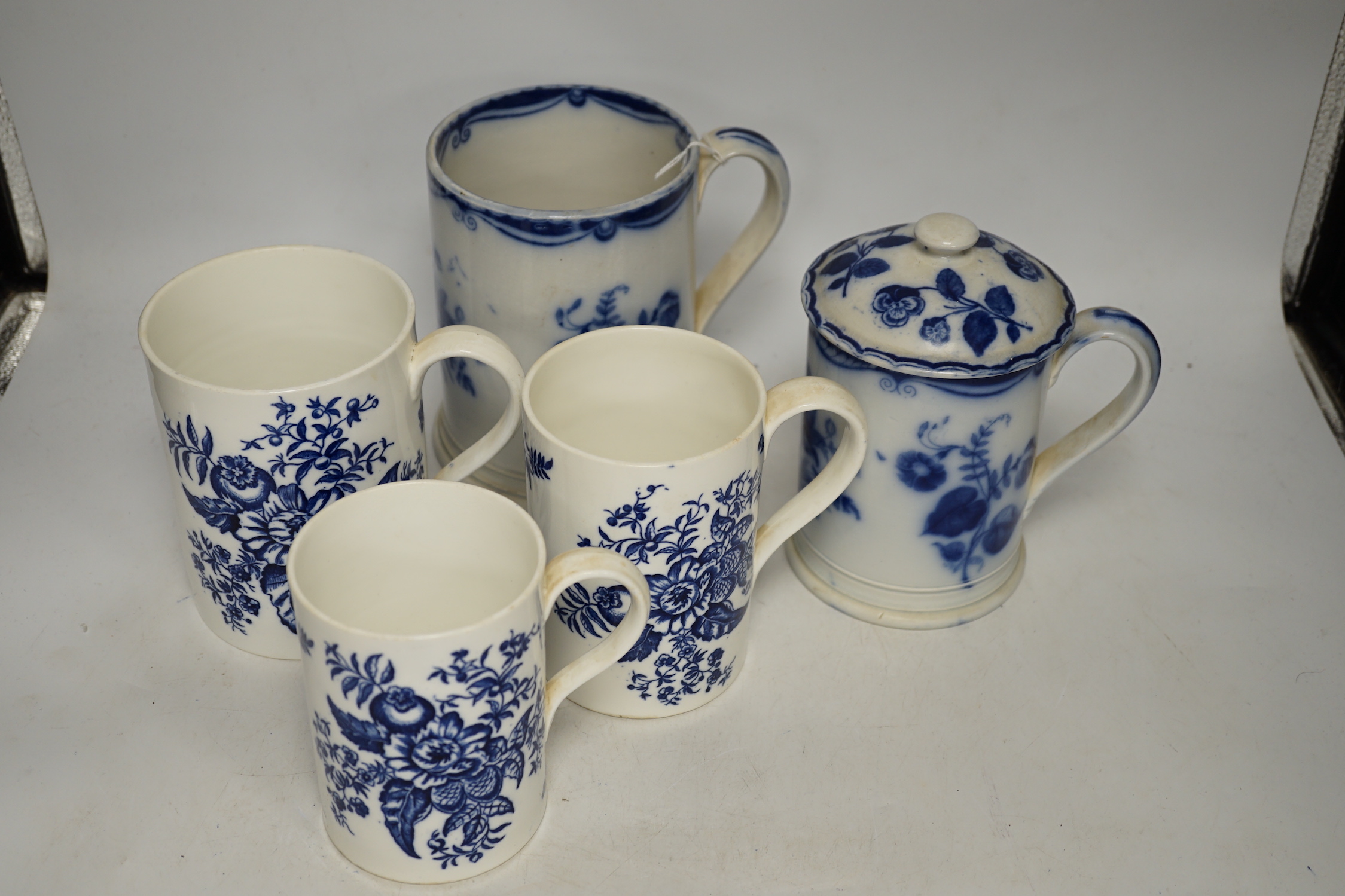 Three Coalport pine cone pattern graduated mugs and two pottery mugs (5)